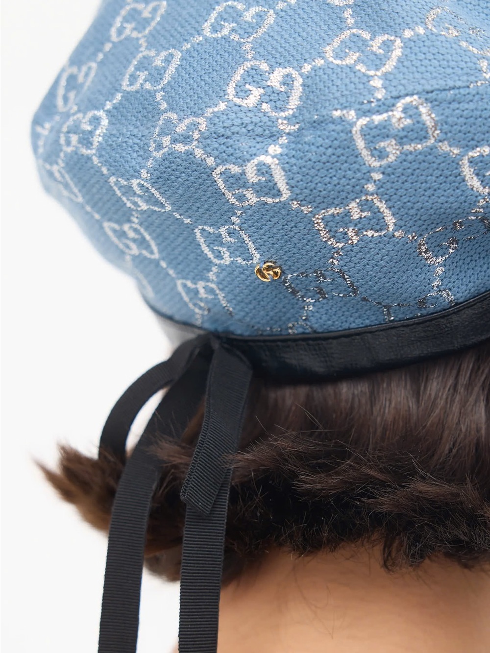 Gucci Light Blue Monogram Beret with Black Bow Trim